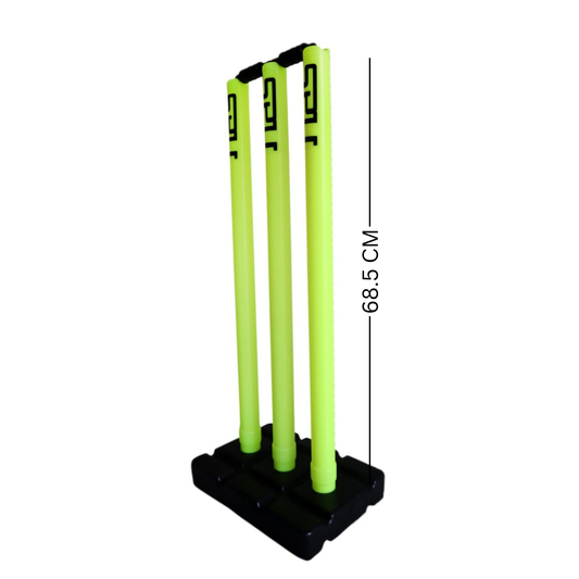 Neon green plastic cricket stumps set for backyard play