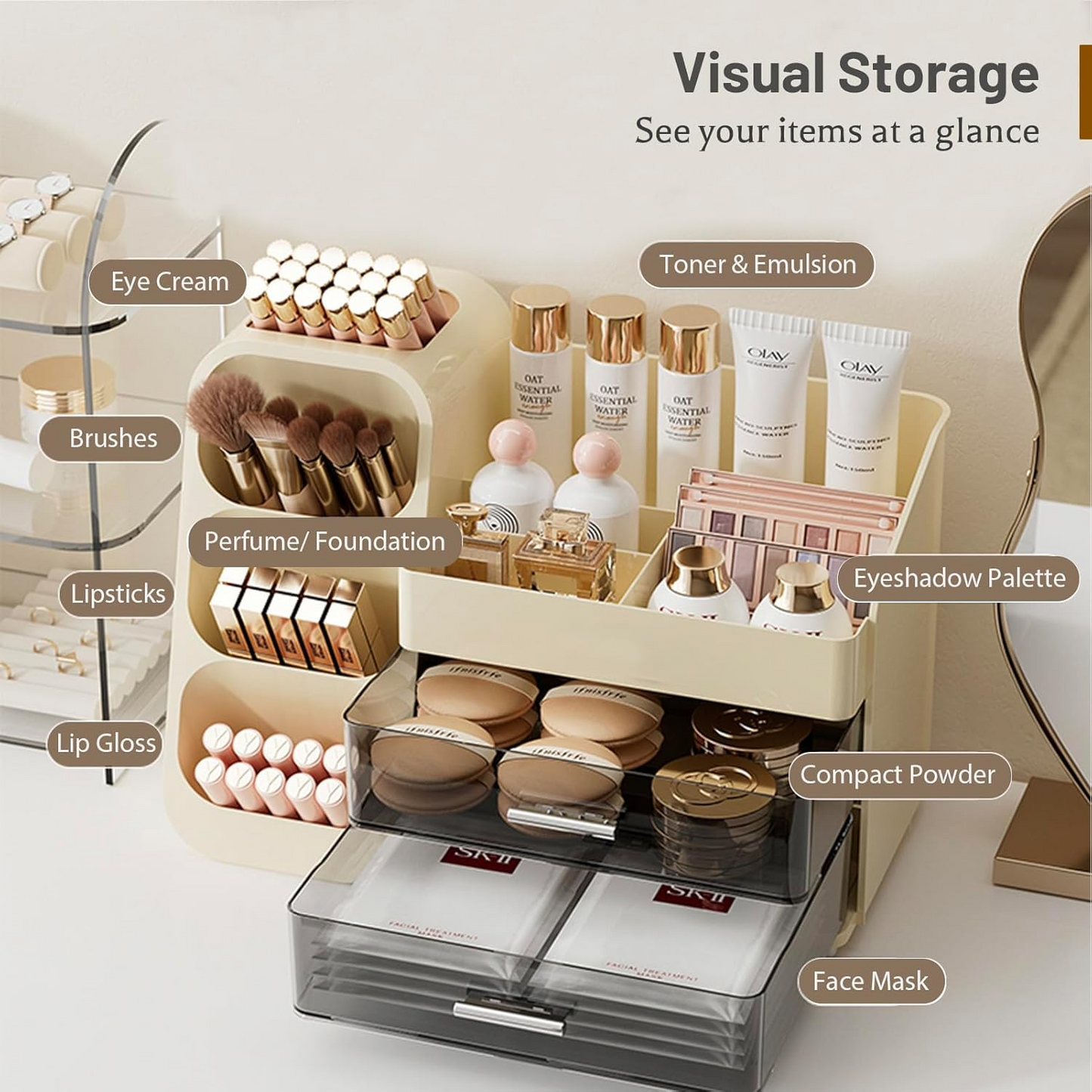 Vanity organizer storage box for skincare and makeup palettes