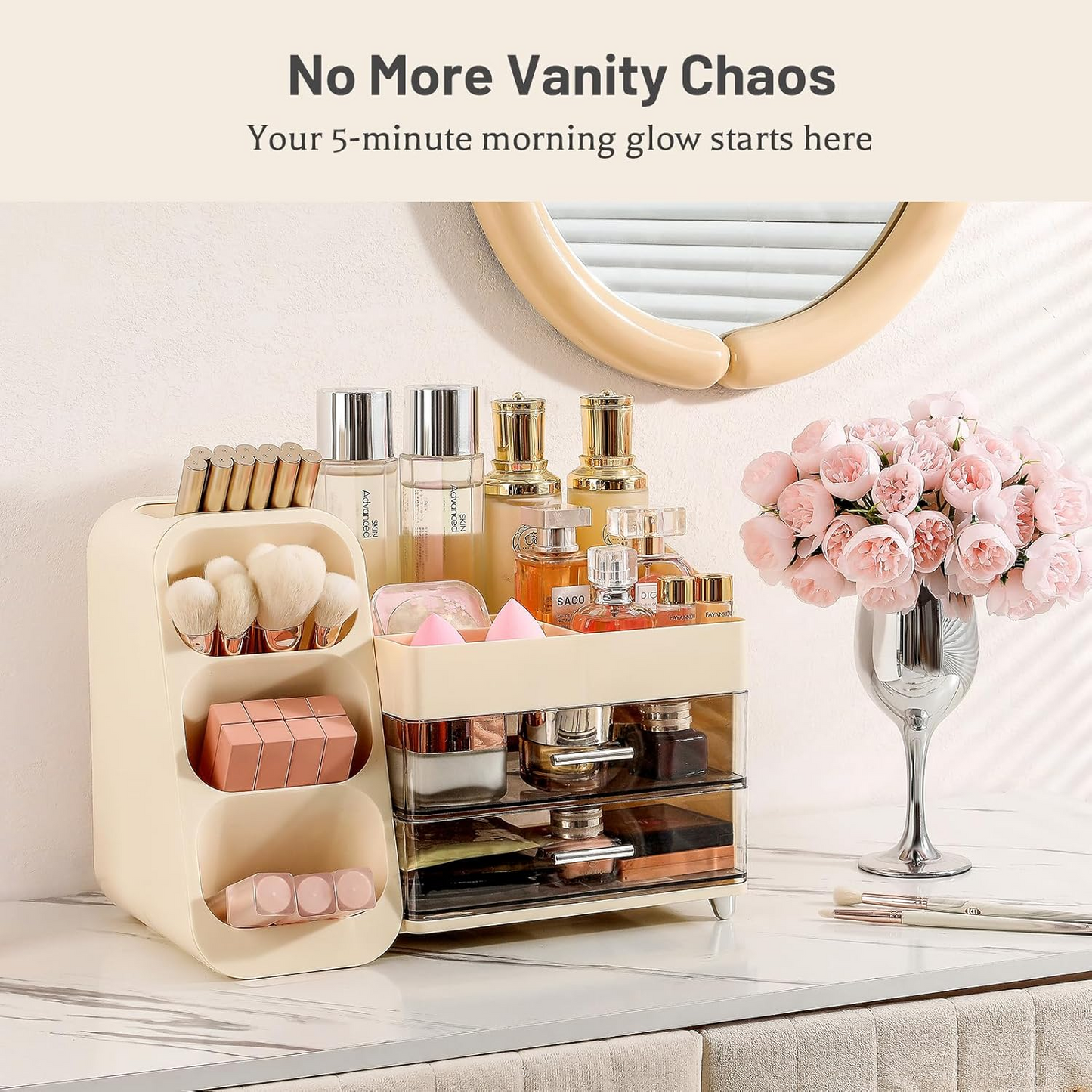 Organized vanity with makeup organizer in pink, white, cream white, and green colors