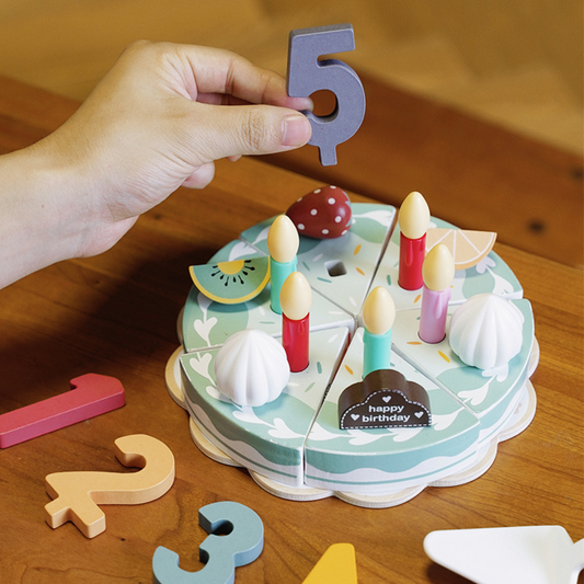 Wooden Birthday Cake with Candles, Fruits & Tray – Pretend Play Toy
