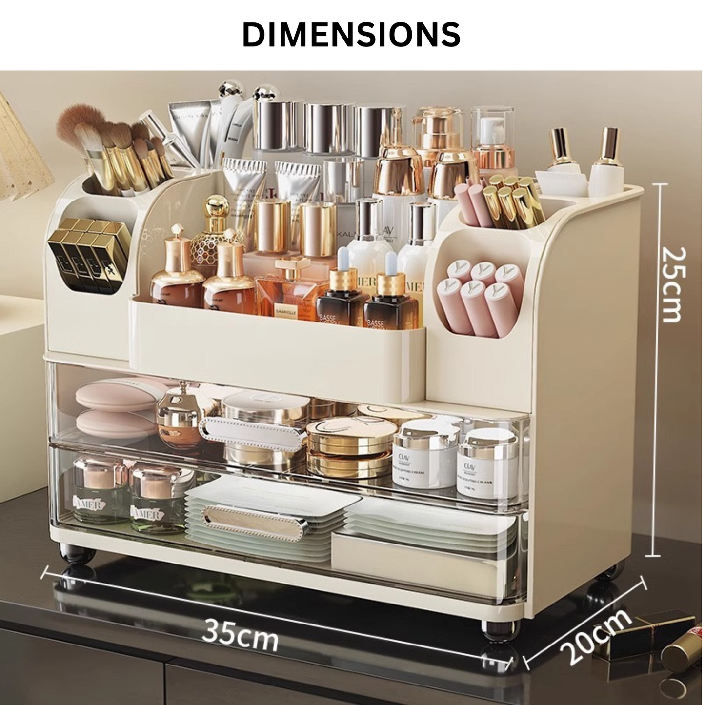 Stylish pink makeup organizer with skincare bottles and palettes