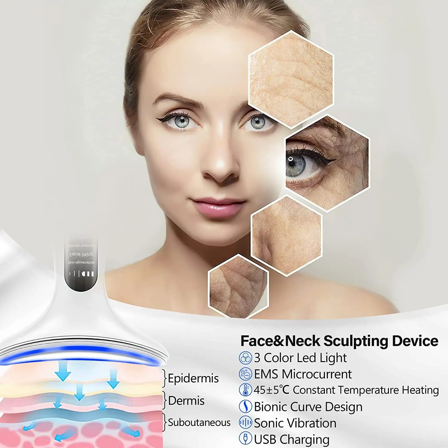 LED light therapy EMS face massager reducing wrinkles and fine lines