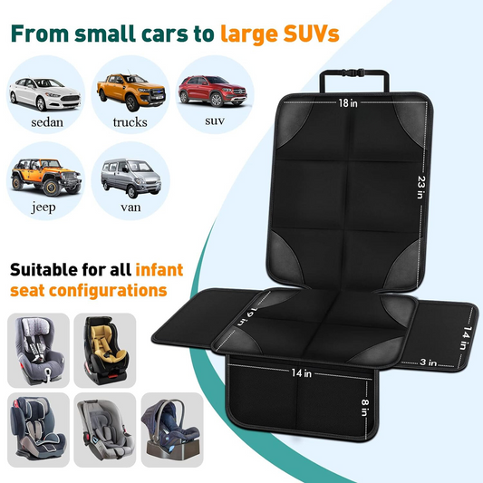 Baby car seat protector with expanded side pads and storage bag – protects leather and fabric seats