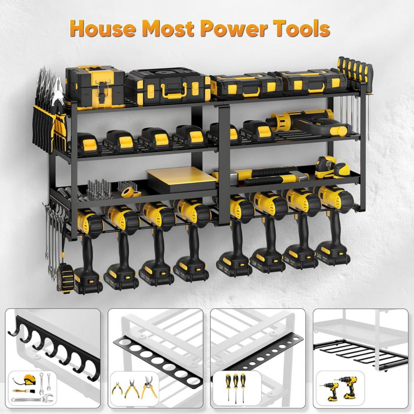 Garage Storage Power Tool Organiser 8 Drills Holder 4 Layers Shelf Rack