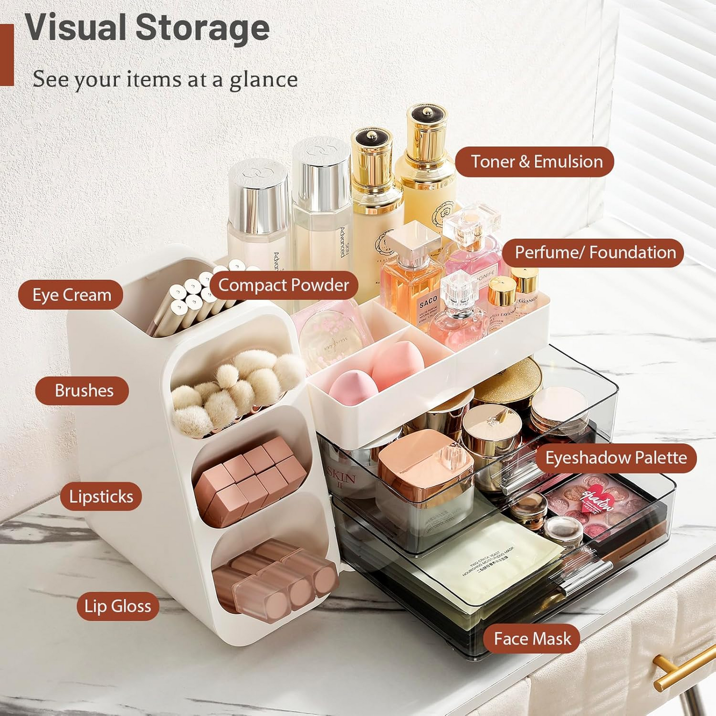 Makeup organizer with drawers for bathroom countertop
