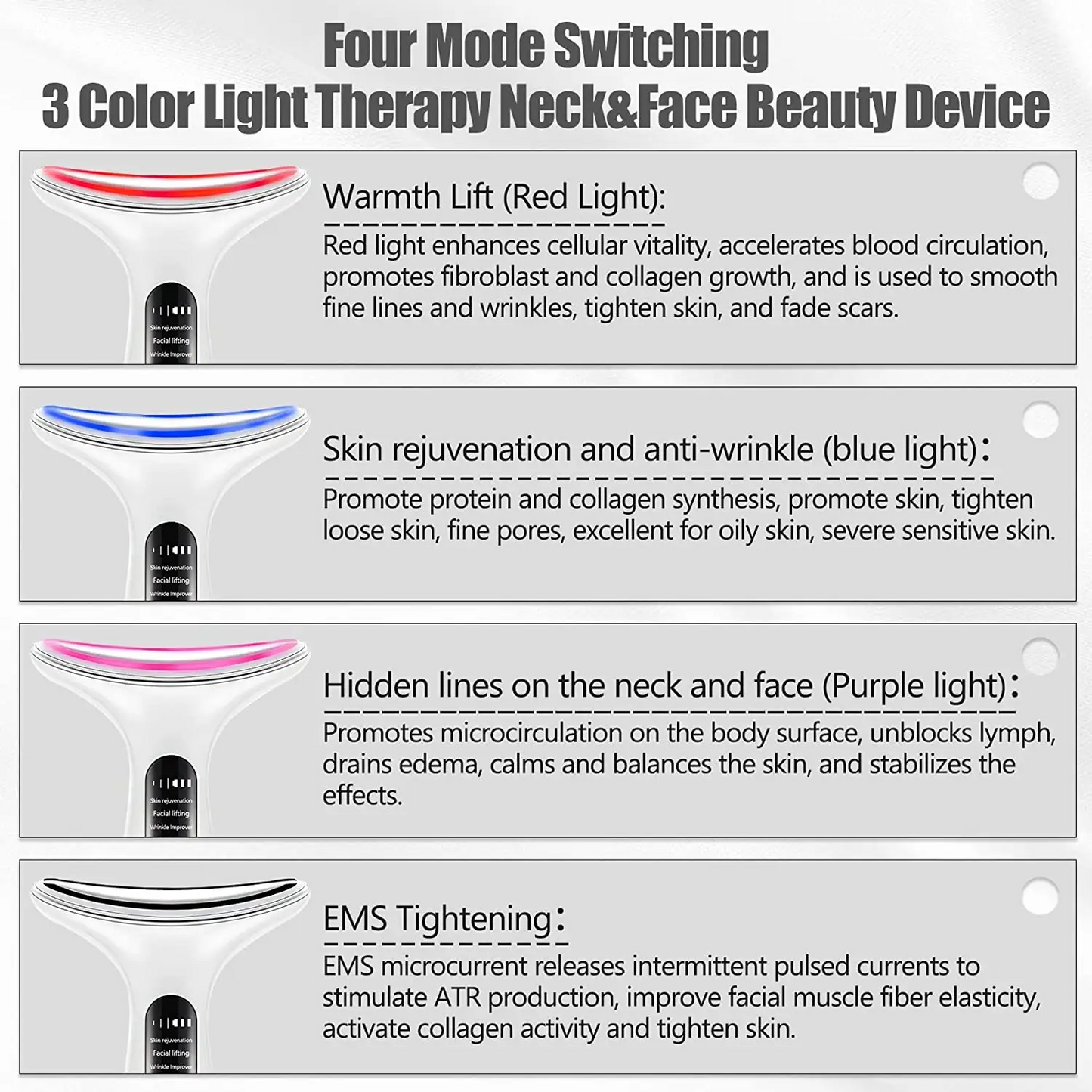 Portable rechargeable EMS facial and neck rejuvenation device with dolphin-tail design