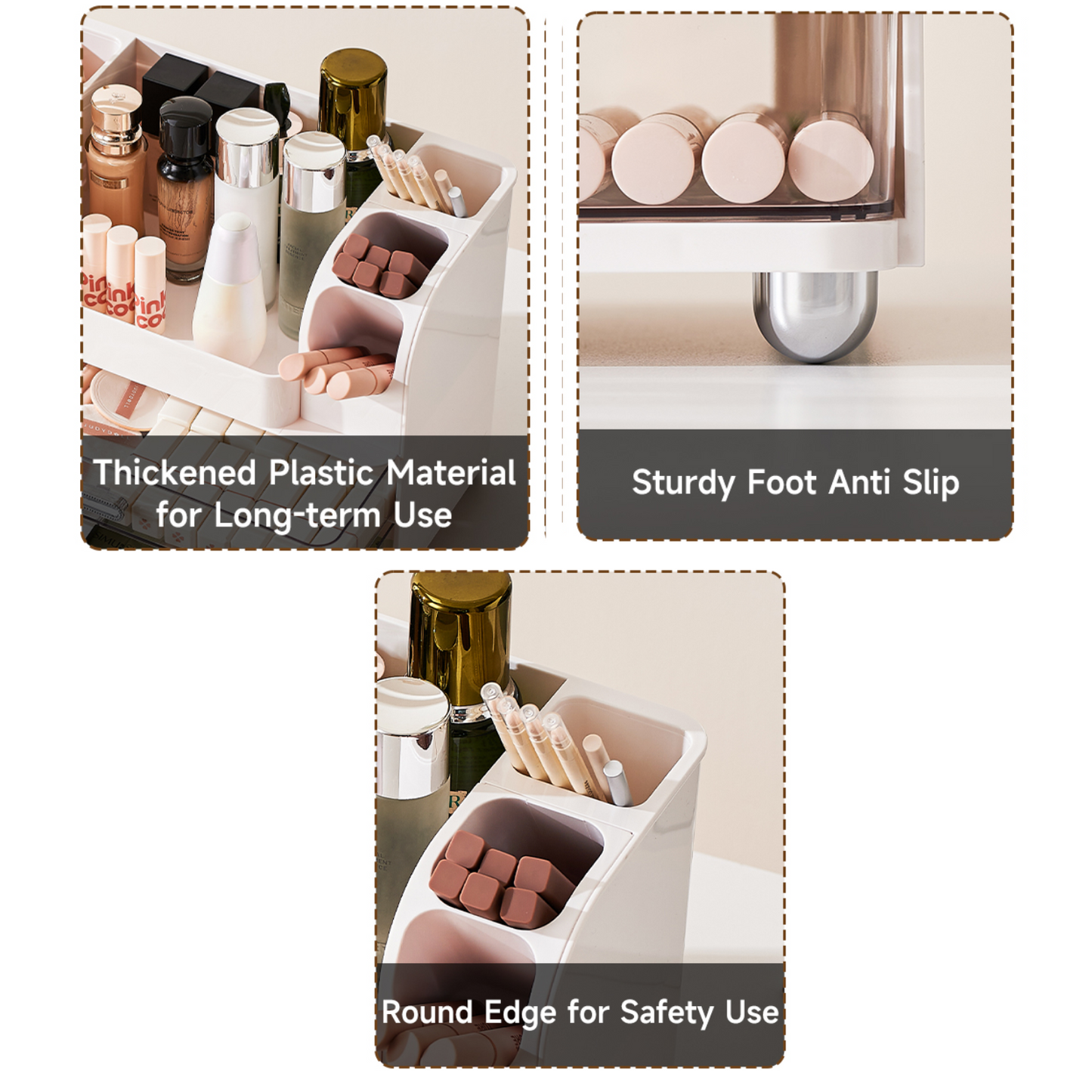 Makeup storage organizer with drawers and compartments on vanity table