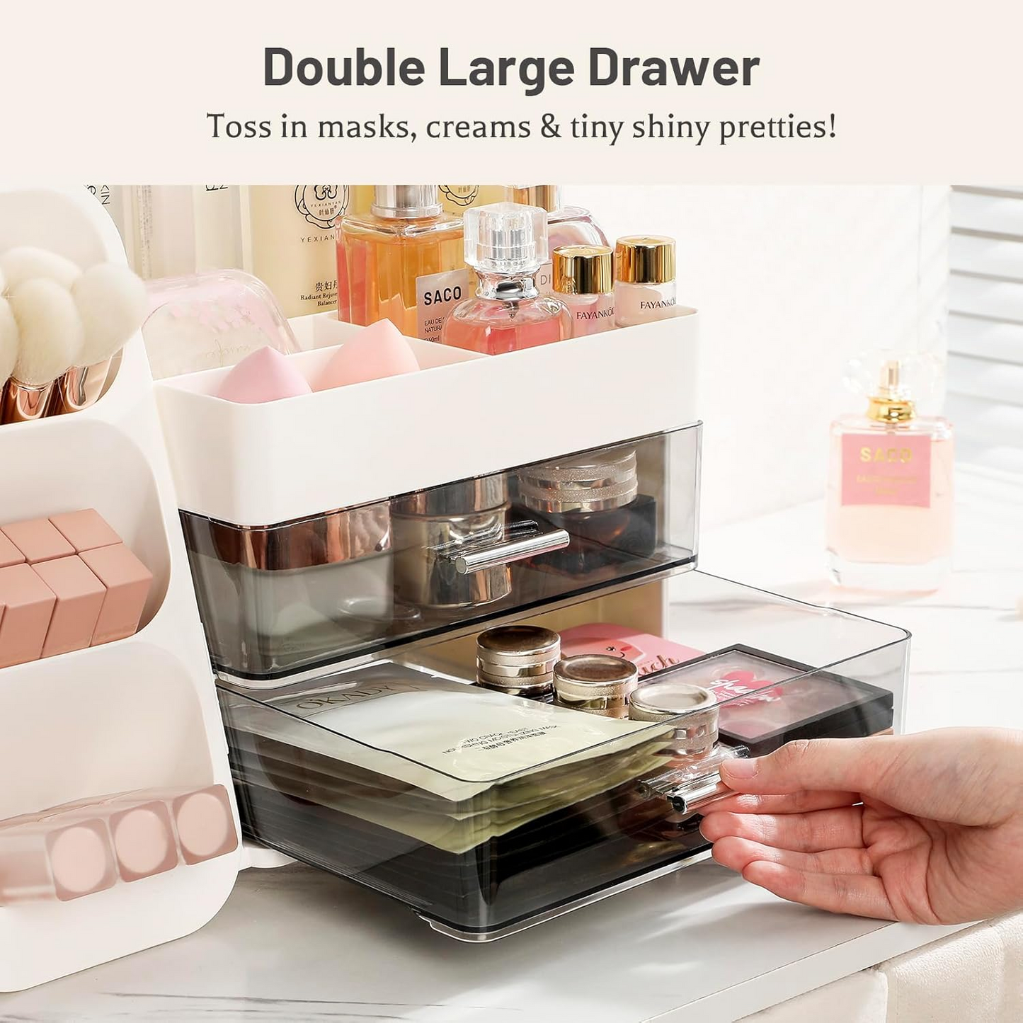 Vanity organizer storage box for skincare and makeup palettes