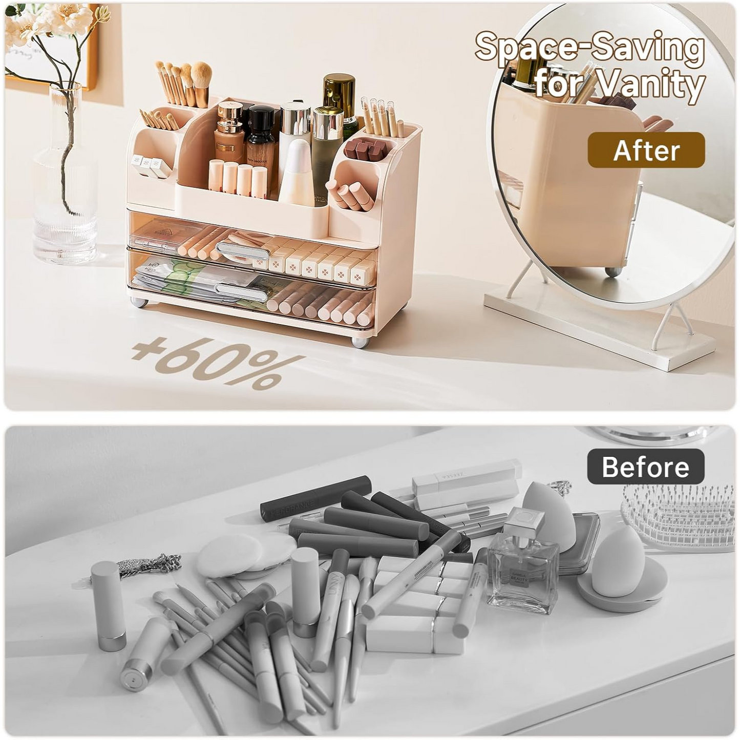Cosmetic display case with brush holders on bathroom countertop