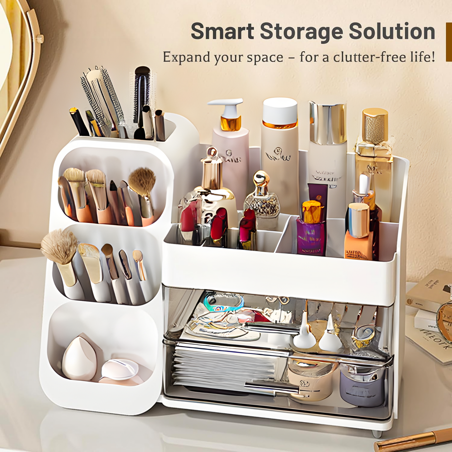 Cosmetic display case with brush holders and side compartments