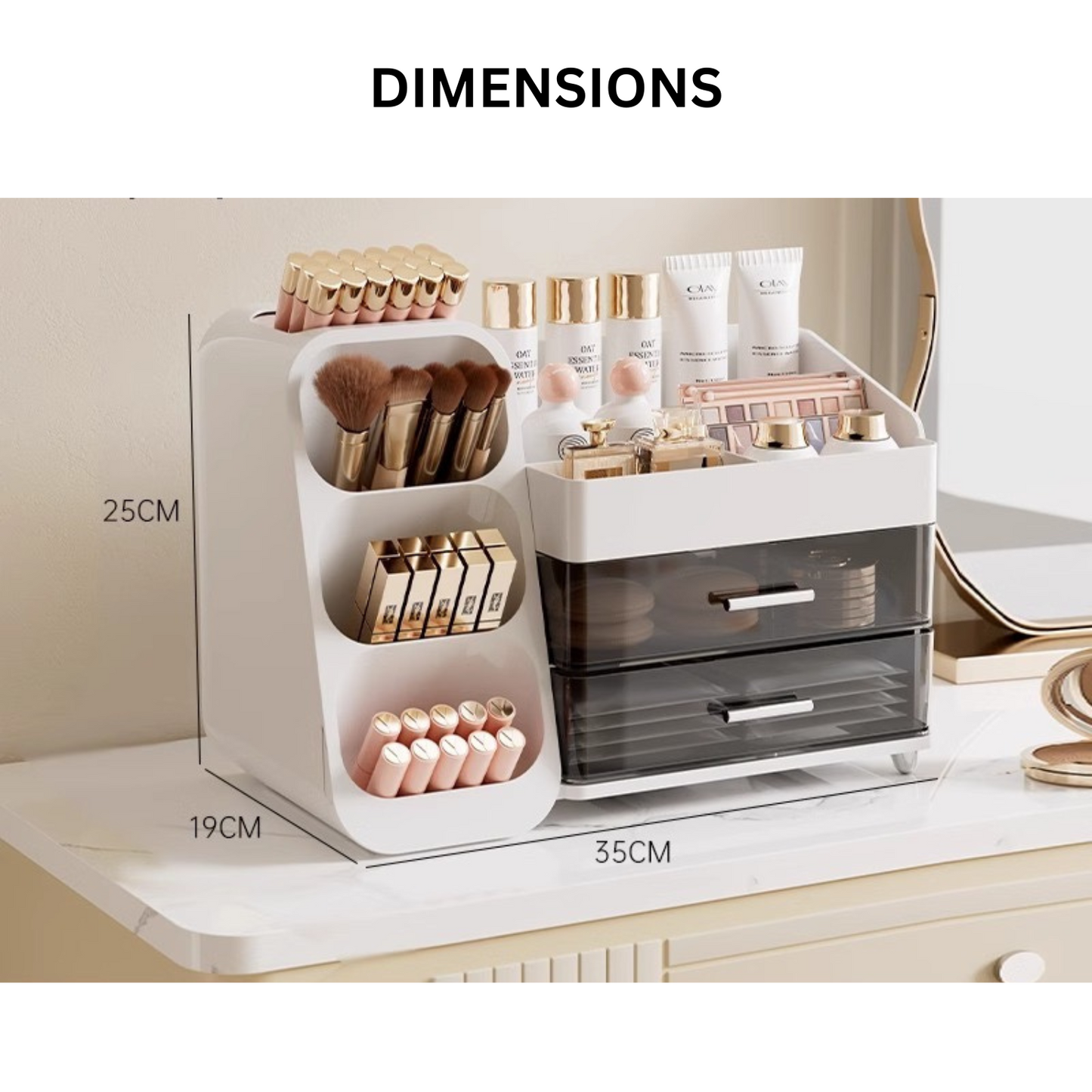 Stylish makeup storage box available in pink, white, and green