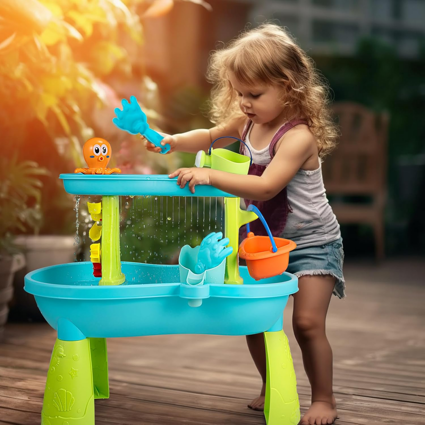 Toddler water table with scoops, buckets, and animal toys