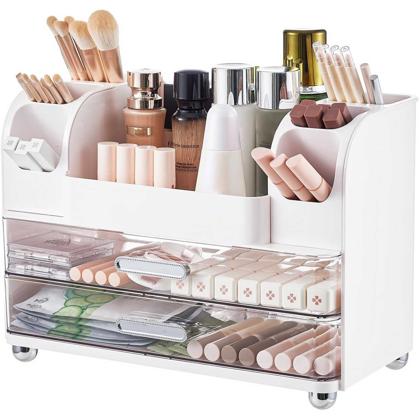 Cosmetic display case with brush holders on bathroom countertop