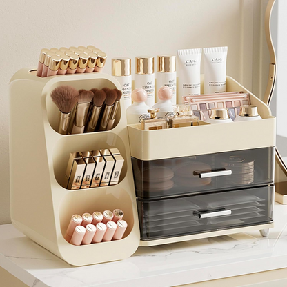 3-tier makeup organizer with drawers on bathroom countertop, brushes and skincare neatly stored, South Africa”
