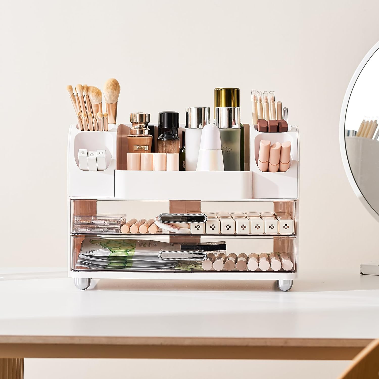 Makeup storage organizer with drawers and compartments on vanity table