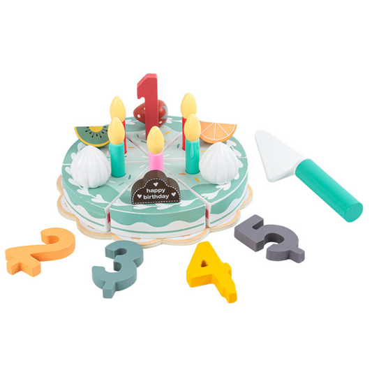 Pretend Play Happy Birthday Wooden Cake Candles Numbers Slices Knife Tray