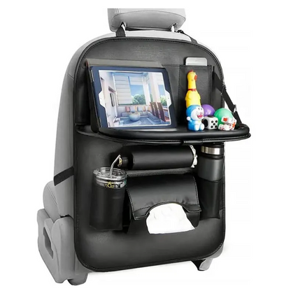 Car Seat Kick Back Seat Organizer PU Leather Foldable Tray Multiple Pockets