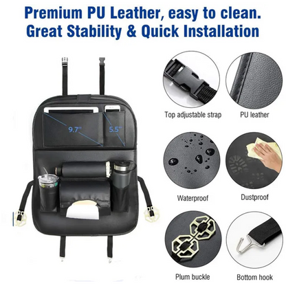 Car Seat Kick Back Seat Organizer PU Leather Foldable Tray Multiple Pockets