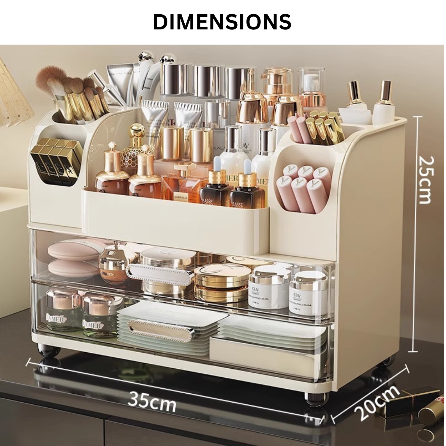 Stylish pink makeup organizer with skincare bottles and palettes