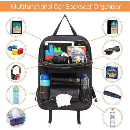 Car Seat Kick Back Seat Organizer PU Leather Foldable Tray Multiple Pockets