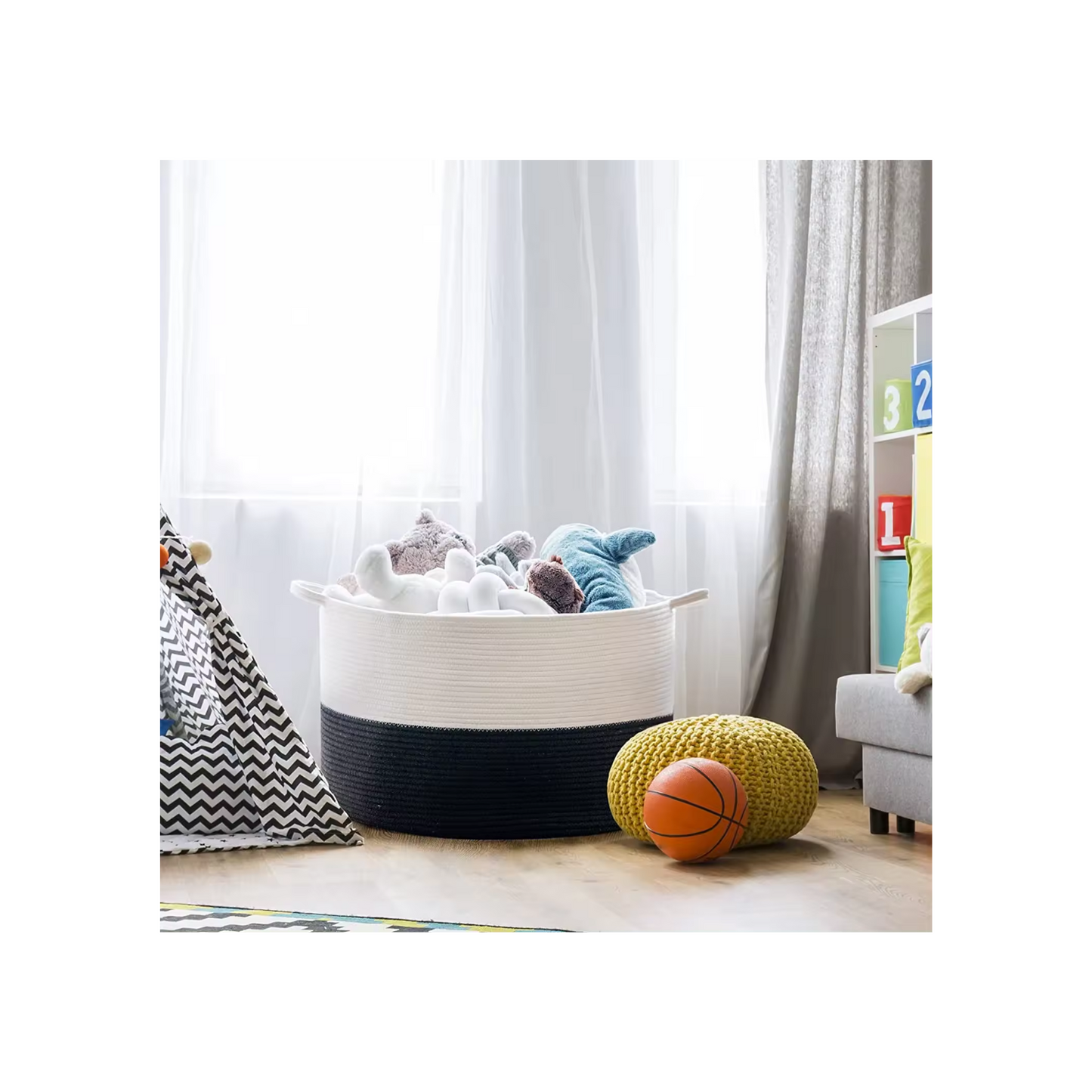 Eco-friendly cotton rope storage bin with handles for laundry and blankets