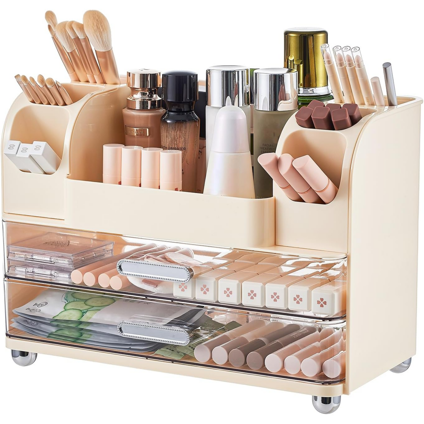 Makeup storage organizer with drawers and compartments on vanity table