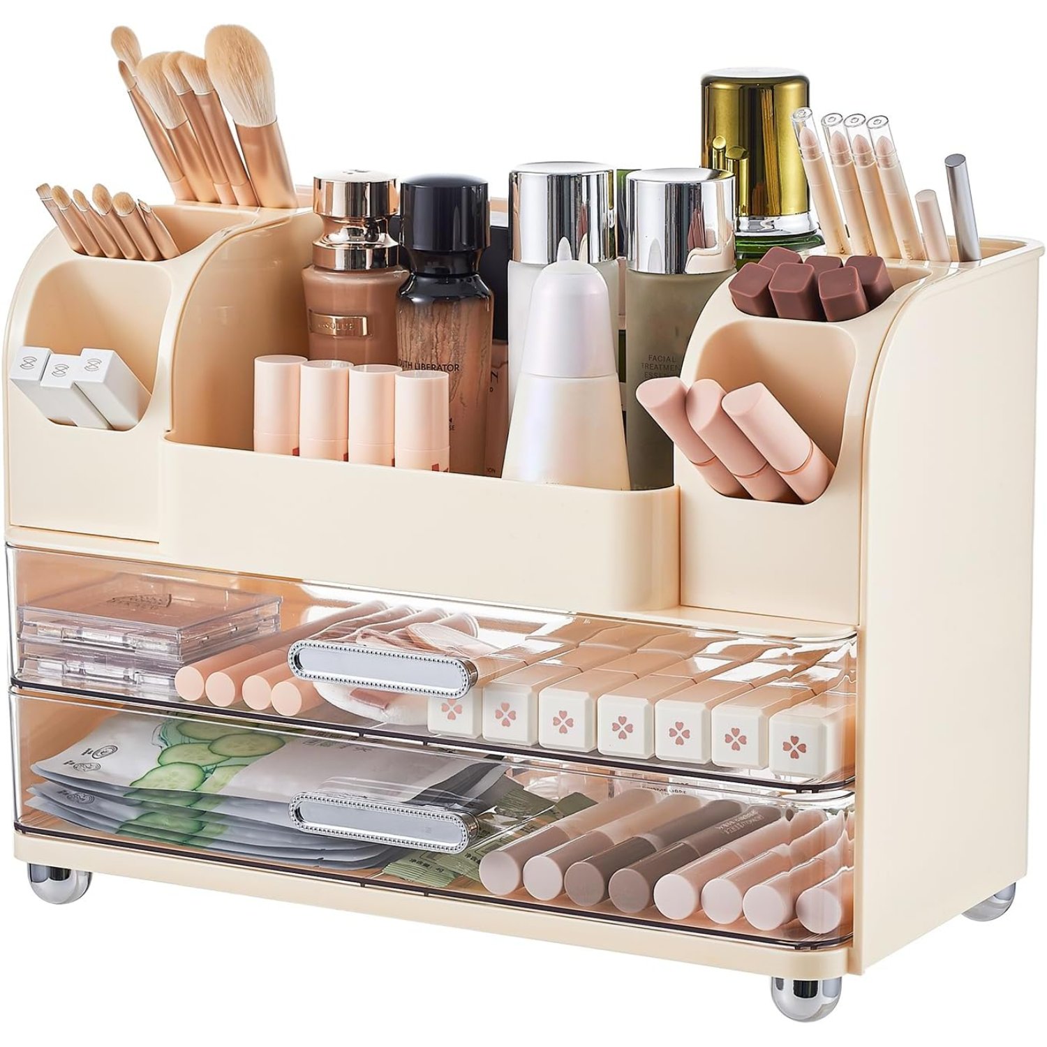 Makeup storage organizer with drawers and compartments on vanity table