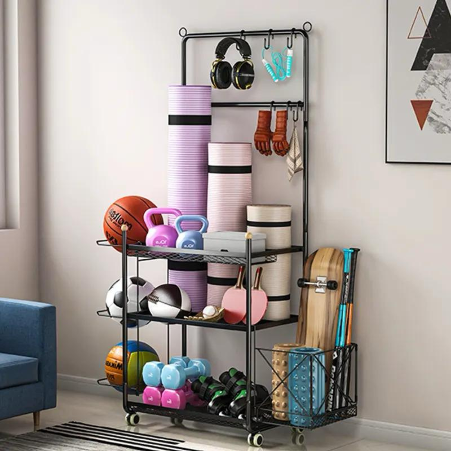 Compact Gym Equipment Storage Rack for Dumbbells, Kettlebells & Mats