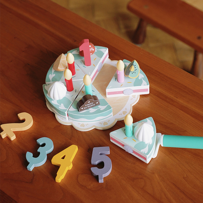 Pretend Play Happy Birthday Wooden Cake Candles Numbers Slices Knife Tray