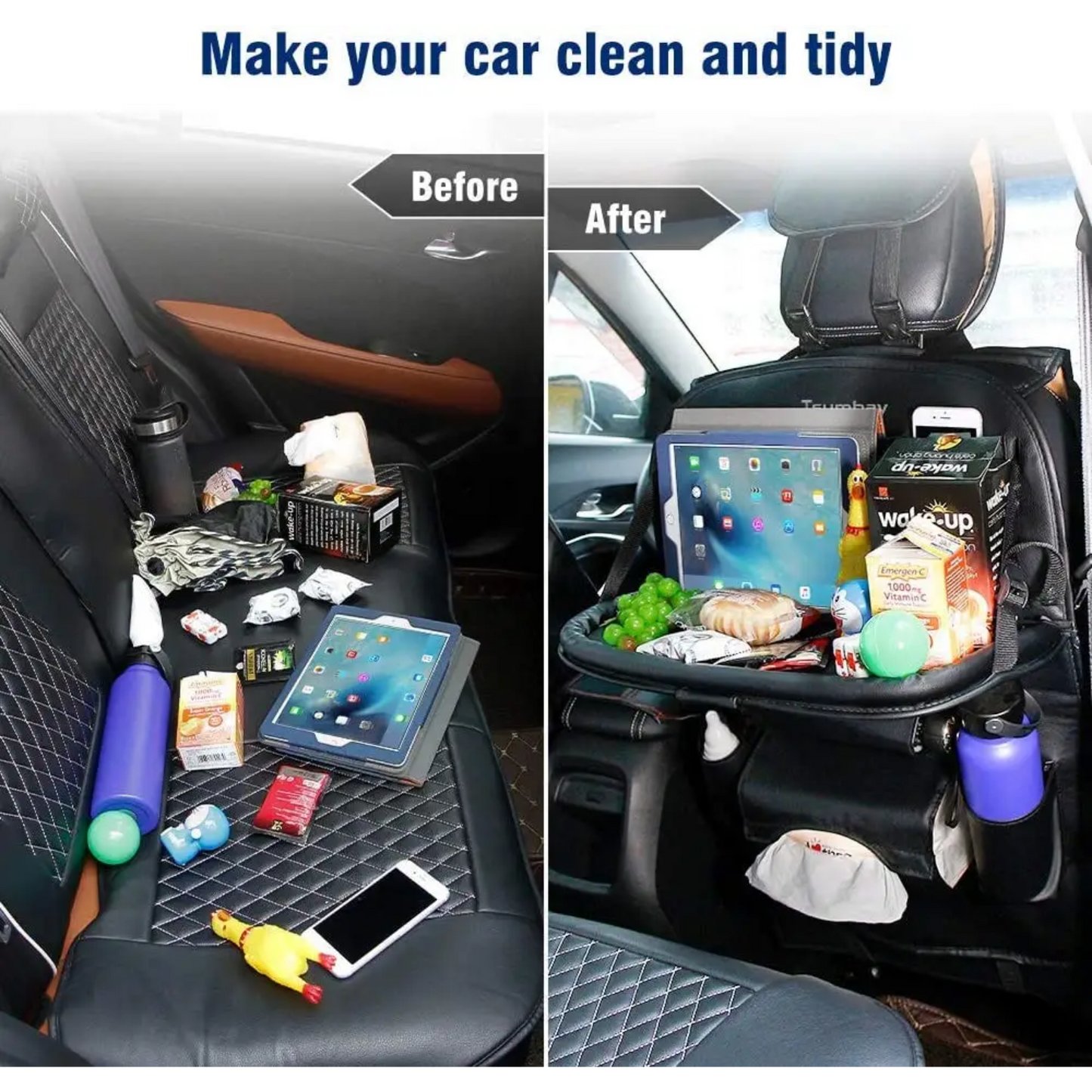 Car Seat Kick Back Seat Organizer PU Leather Foldable Tray Multiple Pockets