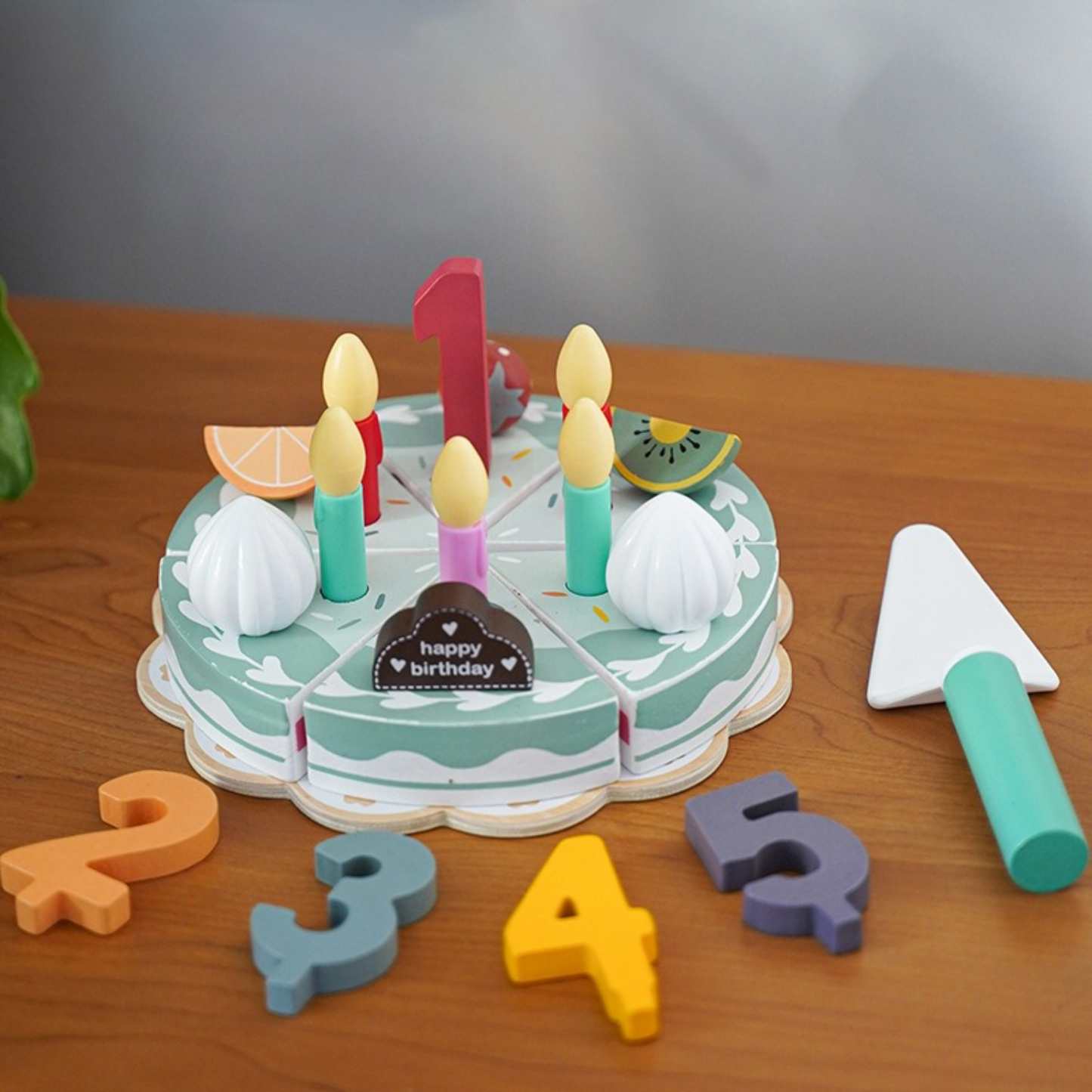 Pretend Play Happy Birthday Wooden Cake Candles Numbers Slices Knife Tray