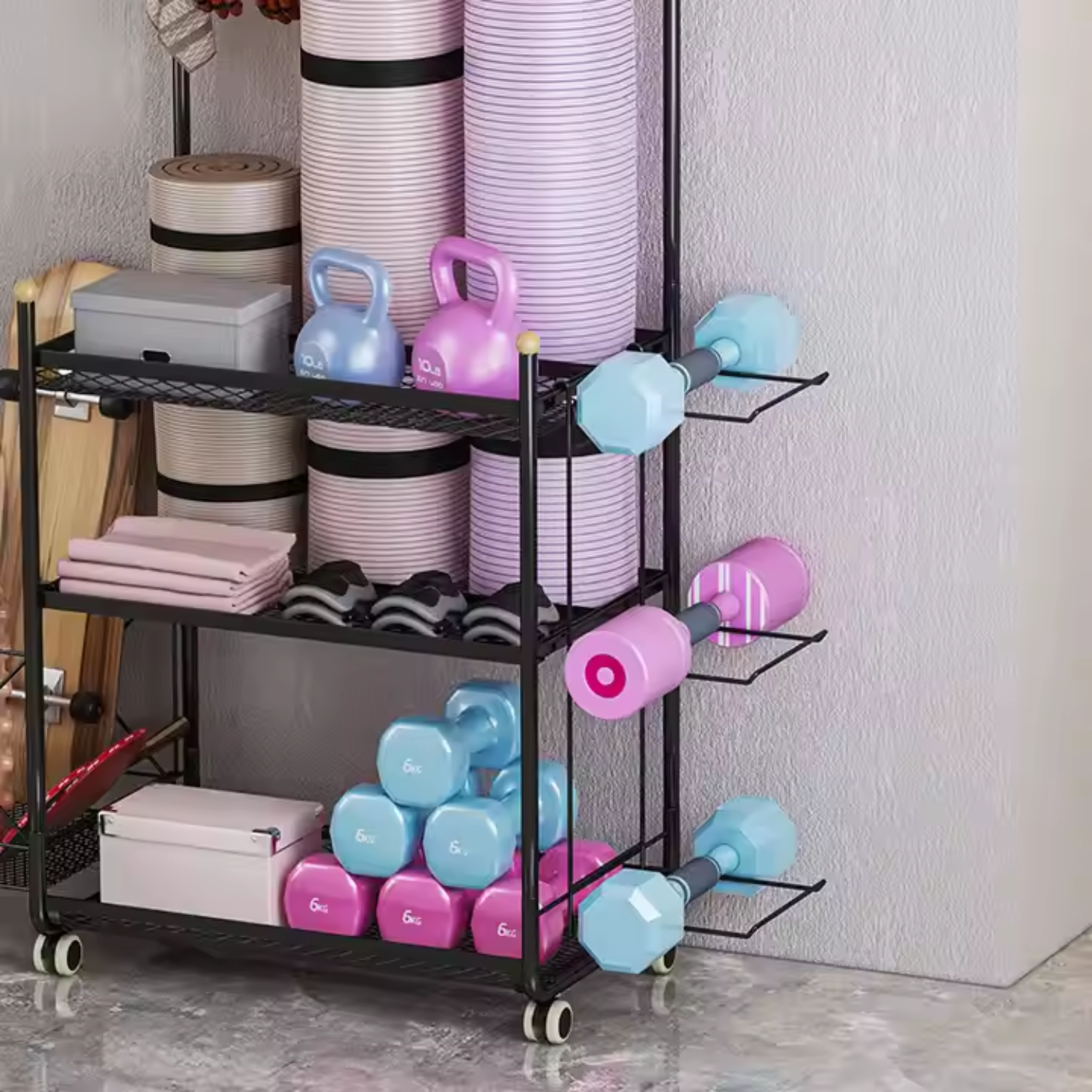 Space-Saving Home Gym Rack with 360° Wheels – Workout Gear Organizer