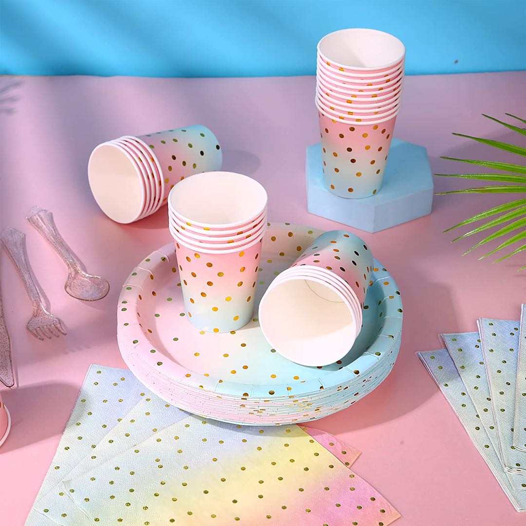 Complete rainbow party tableware set – hassle-free birthday supplies with bright colors