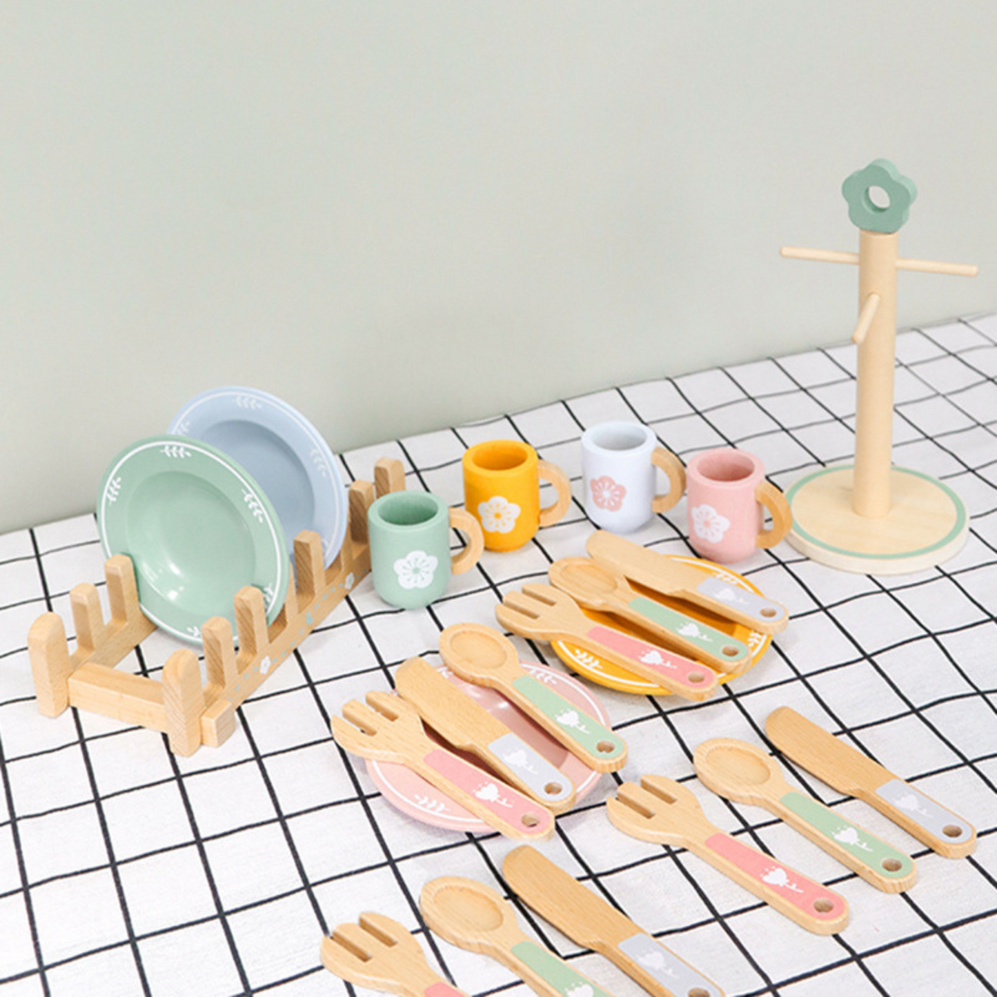 Montessori Role Play Kitchenware for Toddlers – Plates, Cups, Utensils, and Holder