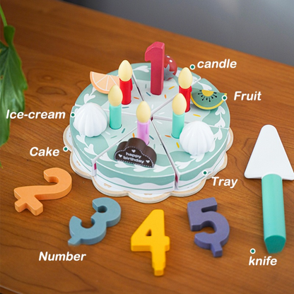 Pretend Play Happy Birthday Wooden Cake Candles Numbers Slices Knife Tray