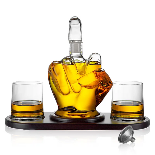 Middle Finger Whiskey Decanter Set with Glasses and Wooden Base – Handmade Glass Barware