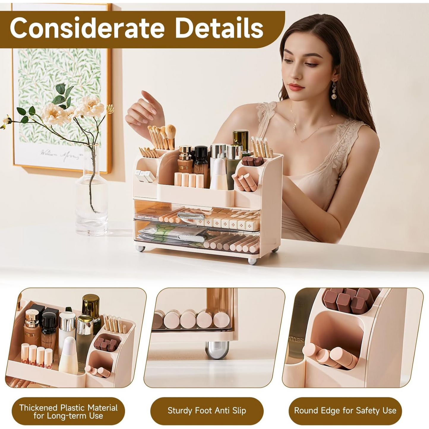 Makeup storage organizer with drawers and compartments on vanity table