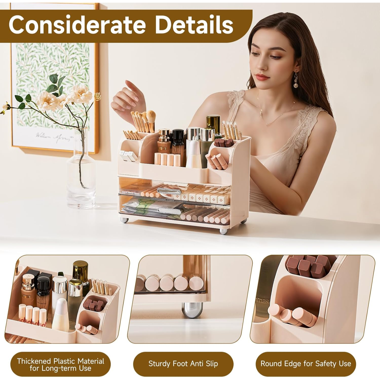 Makeup storage organizer with drawers and compartments on vanity table