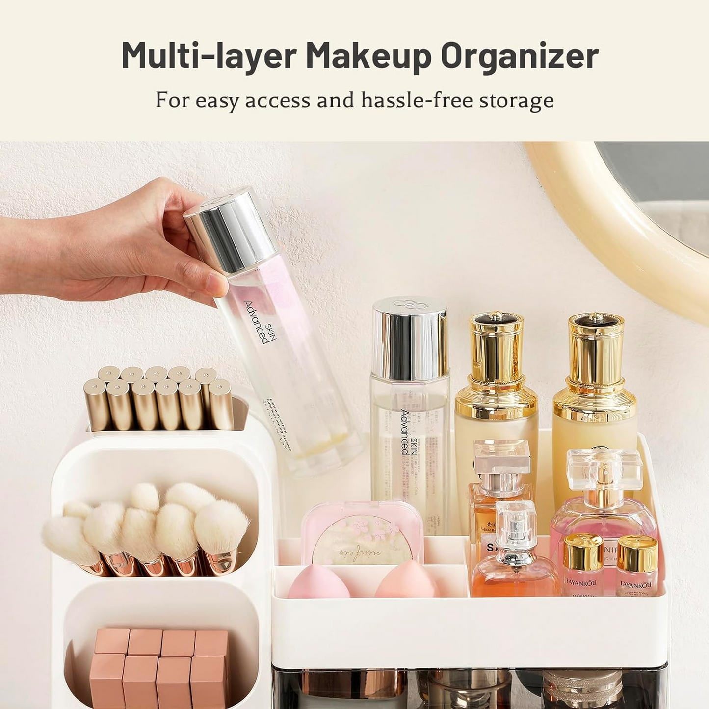 Stylish makeup storage box available in pink, white, and green