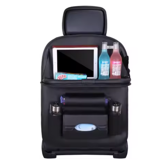 Car Seat Kick Back Seat Organizer PU Leather Foldable Tray Multiple Pockets