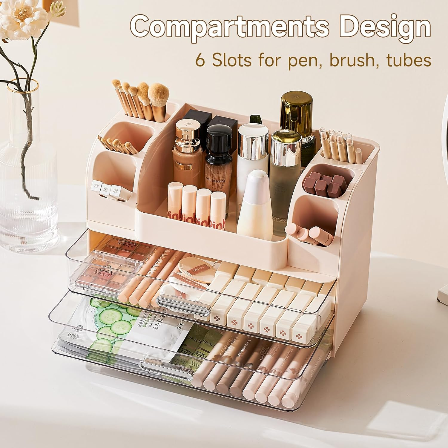 Cosmetic display case with brush holders on bathroom countertop