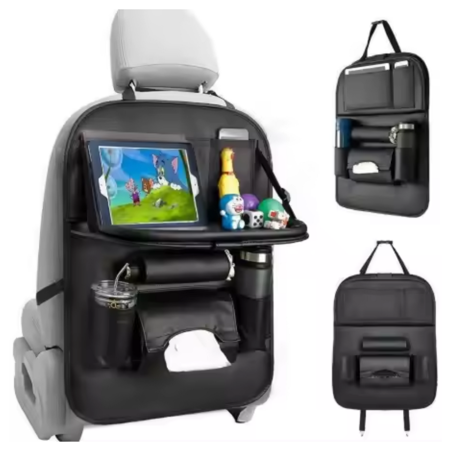 Car Seat Kick Back Seat Organizer PU Leather Foldable Tray Multiple Pockets