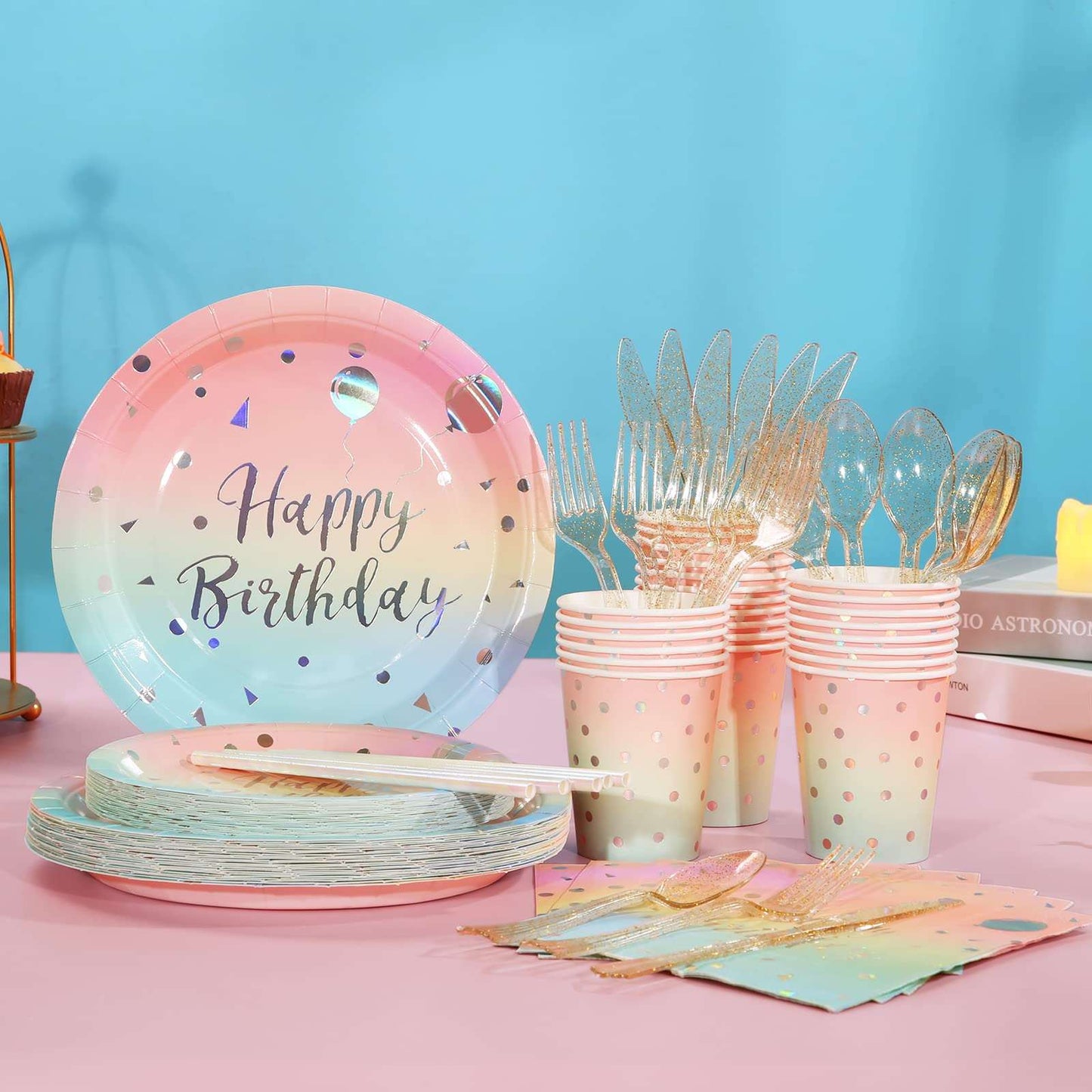 Rainbow birthday party supplies set for 25 guests – colorful plates, cups, napkins, and cutlery