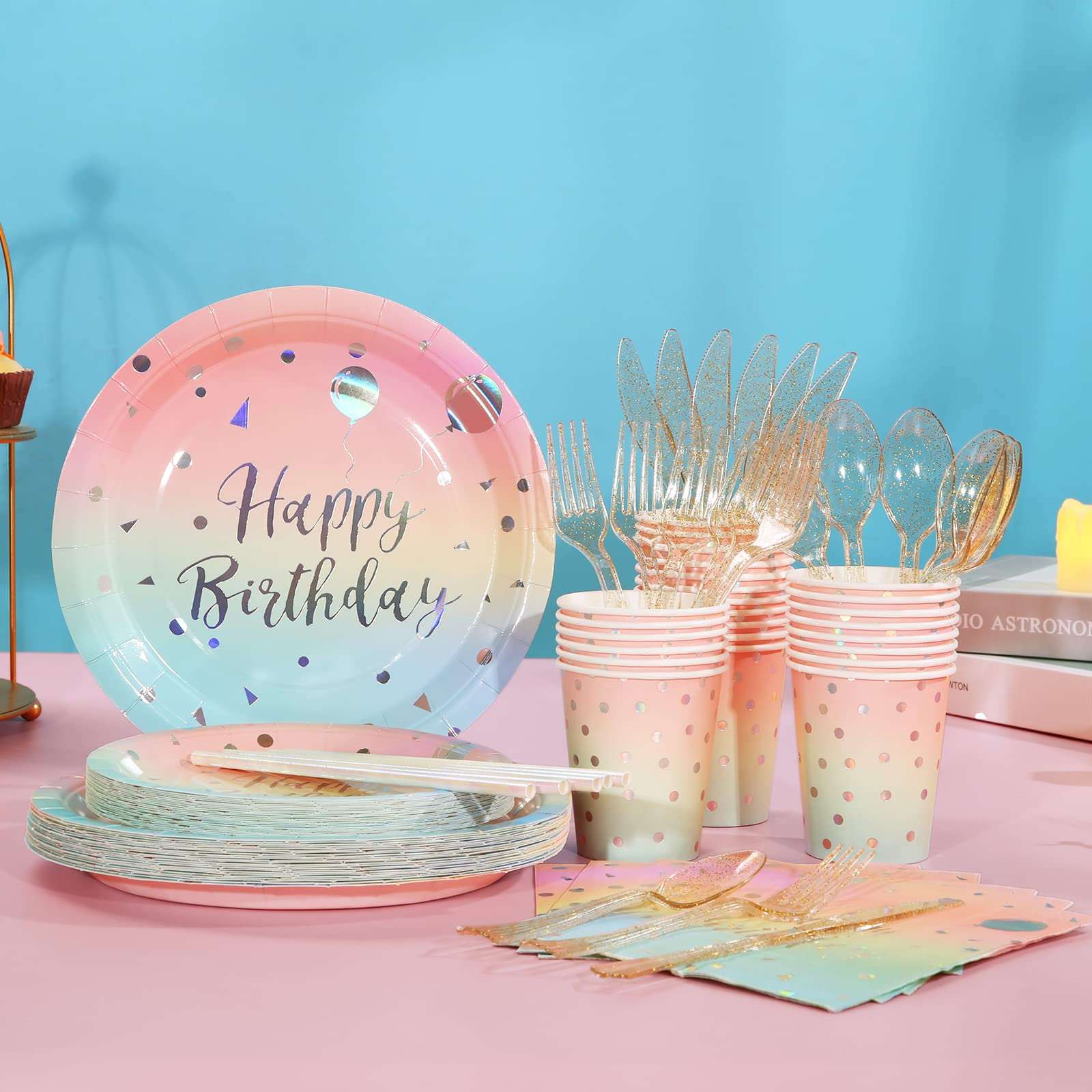 Rainbow birthday party supplies set for 25 guests – colorful plates, cups, napkins, and cutlery