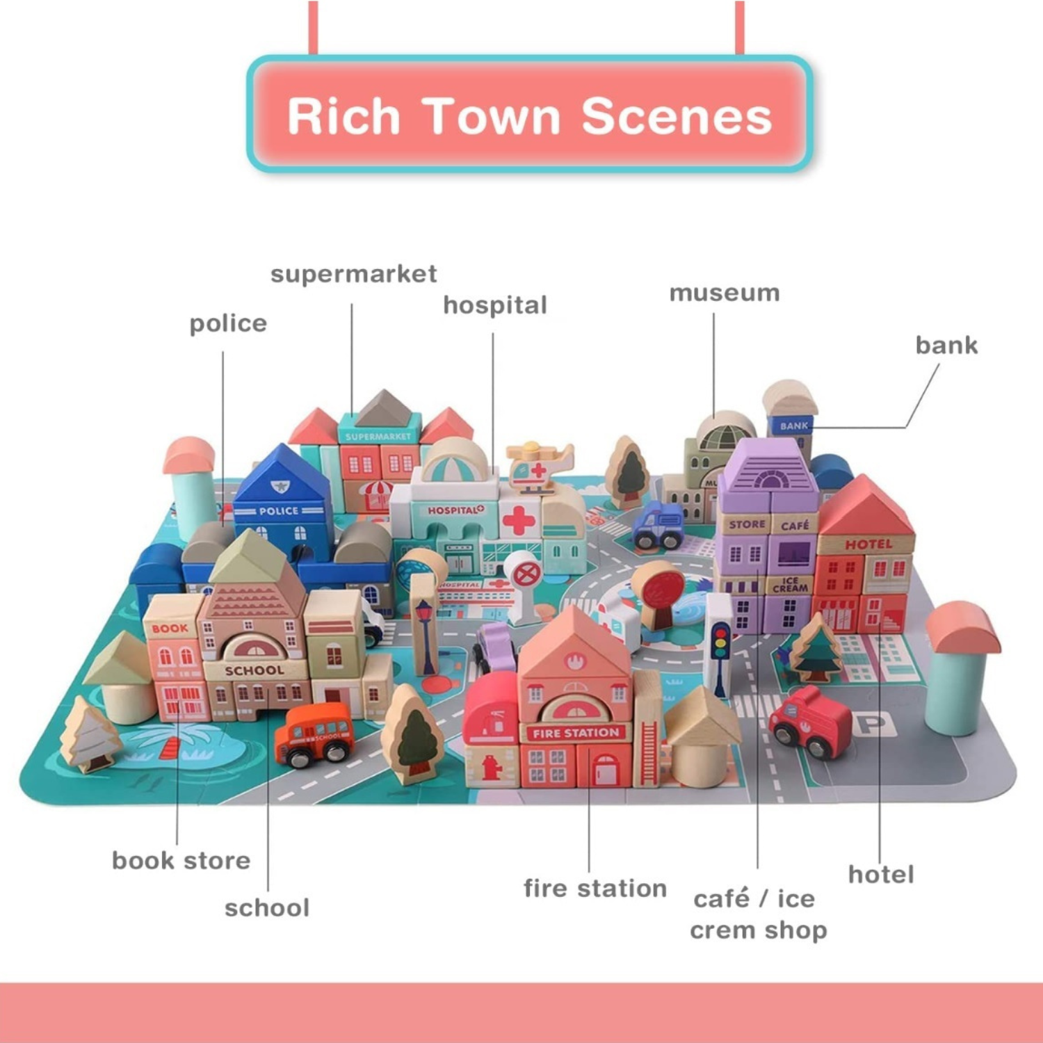 Colorful Wooden Building Blocks with Vehicles, Shops, and Trees
