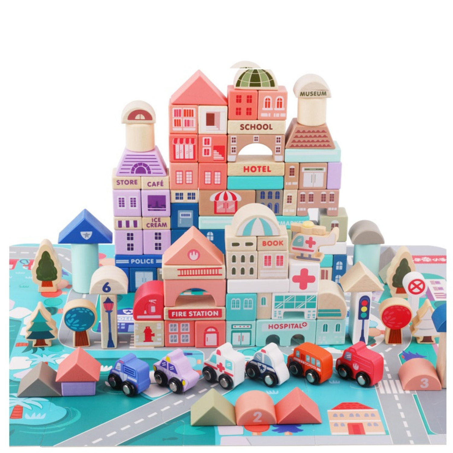 Wooden Building Blocks Set – 115 PCS with Alphabet, Numbers & City Puzzle