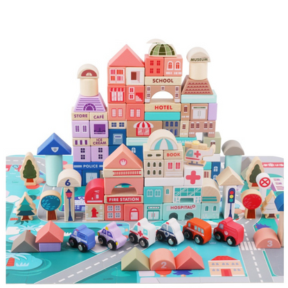Wooden Building Blocks Set – 115 PCS with Alphabet, Numbers & City Puzzle