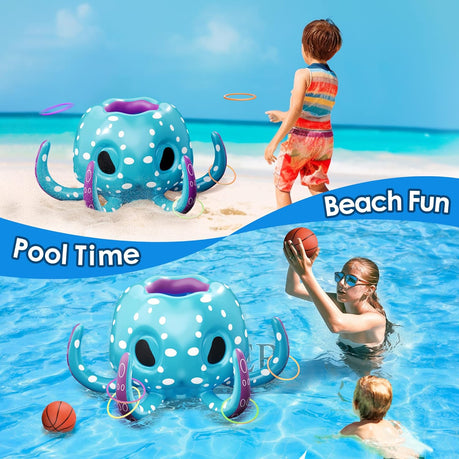 Full set: inflatable octopus, basketballs, rings, and pumps
