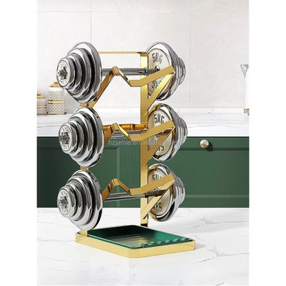 Kitchen storage rack holding pot lids and cooking utensils