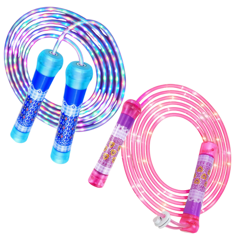 LED Jump Rope glowing at night – blue and pink fiber optic skipping ropes for kids and adults
